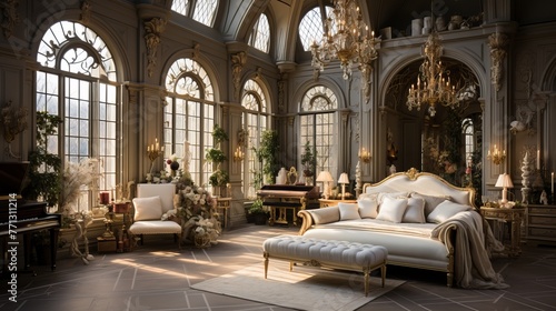 Ornate and spacious sitting room with a piano and chaise lounge