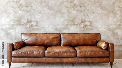 Brown leather sofa against beige stucco wall. Loft home interior design of modern living room