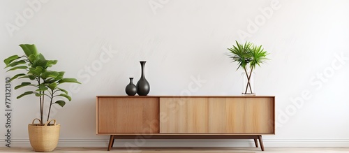 A close up of a wooden cabinet adorned with two vases on top of it in a Scandi styled living room featuring a low buffet and a lush indoor plant