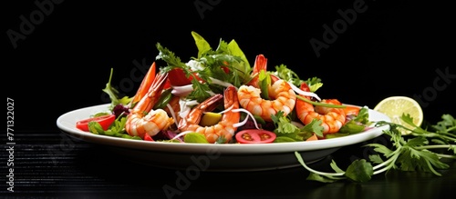 A delicious plate of food showcasing a stir-fry dish with juicy shrimp and a variety of colorful vegetables, perfect for a healthy meal