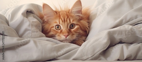 A curious cat of red Maine Coon breed is tucked under a cozy blanket on a comfortable bed