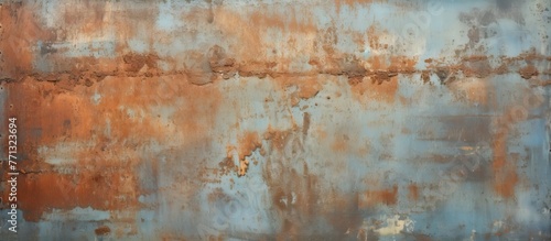 A weathered steel wall covered in rust and peeling paint, set against a clear blue sky in the background