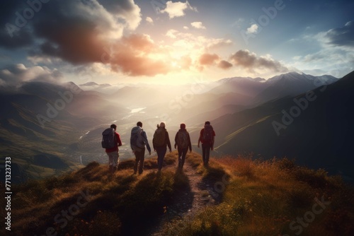 Group of friends hiking up a scenic mountain trail