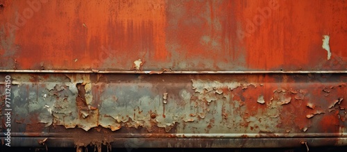 Corrosion of the body of an old red car due to winter weather and exposure to reagents, leading to damage on the left side threshold