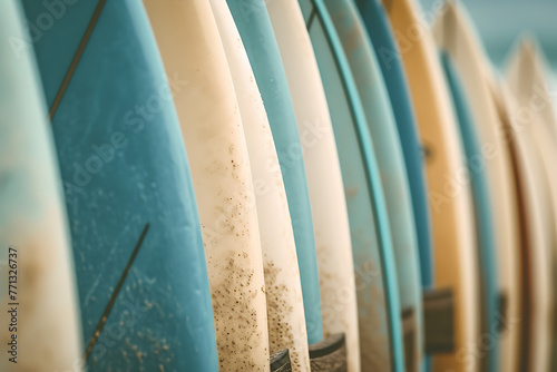 white and blue surfboards in line in the style of gol 41603167-3231-4be2-9ea4-74af6fda57a5 1