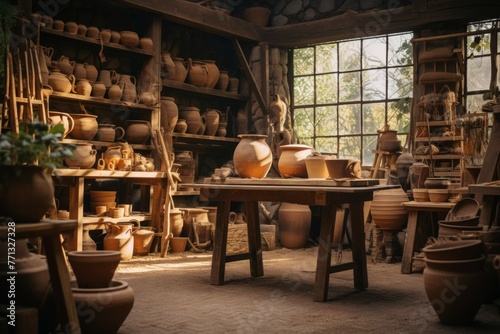 Rustic cottage pottery workshop with clay sculptures