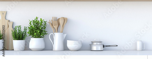 white kitchen utensils on a white shelf with plant on t 94b58ed0-e1c9-4c27-8811-3da8eb8744df