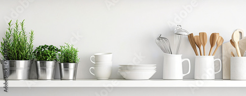 white kitchen utensils on a white shelf with plant on t 8102fbca-3d1a-4a42-82d2-3c4761e30fe3