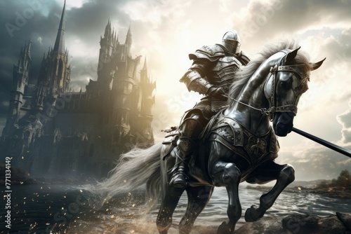 Medieval knight charging towards a castle