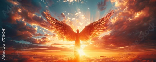 Panorama of a Gods celestial angel with open wings looking at the sunset, Generative AI