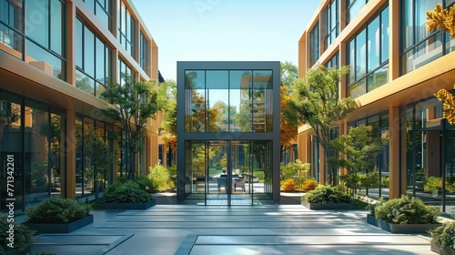 Office building exterior, showing multiple small office pods with sharp corners outside an office area. Generative AI.