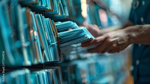 Healthcare Professional Sorting Patient Files. Healthcare worker organizing patient medical records in color-coded folders for efficient data retrieval.