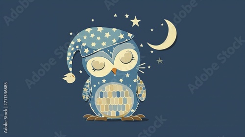 A sleepy owl with a nightcap wears pajamas decorated with stars and moons minimal