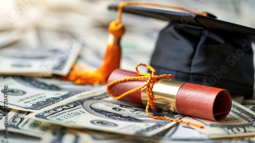 A graduation cap and diploma are on top of a pile of money. Concept of success and accomplishment, as the graduate has just completed their studies and is now ready to enter the workforce