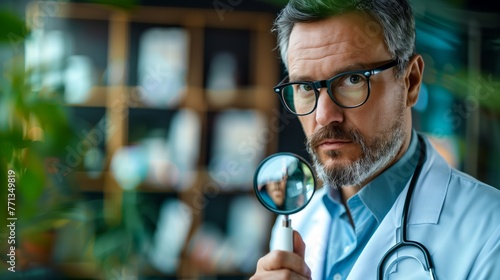 Doctor Examining with a Magnifying Glass. Serious male doctor with a stethoscope around his neck uses a magnifying glass, symbolizing close examination in healthcare.
