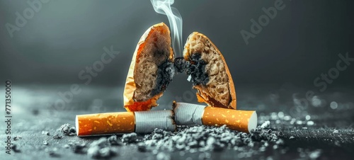 Closeup of human lungs damaged by smoking, cigarettes and smoke on table - Smoker, stop smoking, nicotine, death, drugs, cancer disease