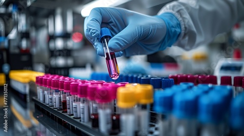 Laboratory Technician Analyzing Blood Samples. Lab technician with blue gloves examines a blood sample, highlighting the process of medical analysis in a laboratory setting.