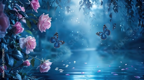 Magical fantasy enchanted fairy tale landscape with forest lake, amazing fairy tale blooming pink rose garden flowers and two butterflies on mysterious blue background and shining moonlight at night 