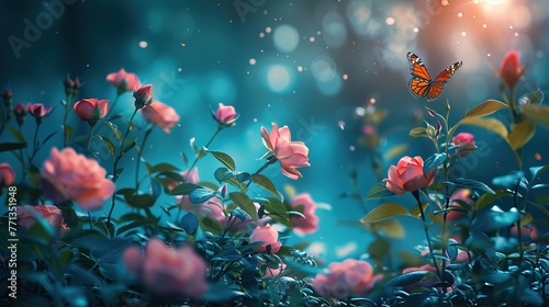 Magical fantasy enchanted fairy tale landscape with forest lake, amazing fairy tale blooming pink rose garden flowers and two butterflies on mysterious blue background and shining moonlight at night 