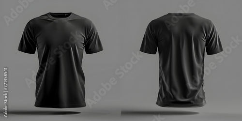Black blank men t shirt template with invisible model body empty crewneck shirt front and back view. 