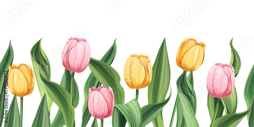 Seamless border of pink and yellow tulips on an isolated background. Illustration with spring flowers for Easter, Mother s Day, etc. Suitable for decor, fabric, cards, backgrounds, wallpapers
