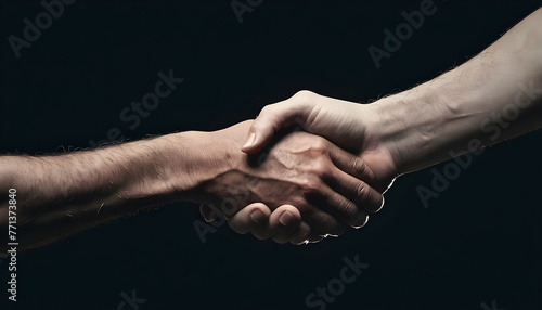 Close up two mana shaking hand on dark background