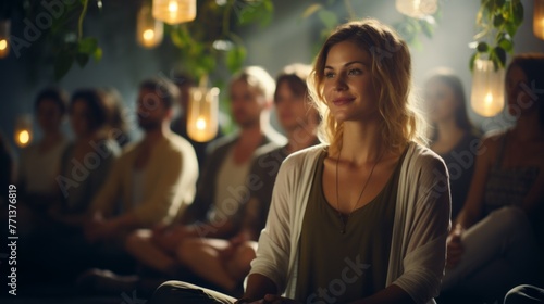 A group of diverse people sitting in a circle with their eyes closed and hands resting on their knees during a meditation session