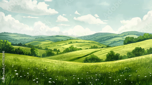 Vsketch Green grass field on small hills. Meadow, alkali, lye, grassland, pommel, lea, pasturage, farm. Rural scenery landscape panorama of countryside pastures.
