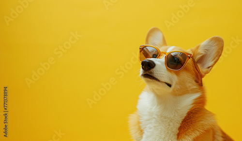 yellow corgi wearing sunglasses while looking at yellow a90302c9-1cb3-474e-93a6-3769c4ccae46