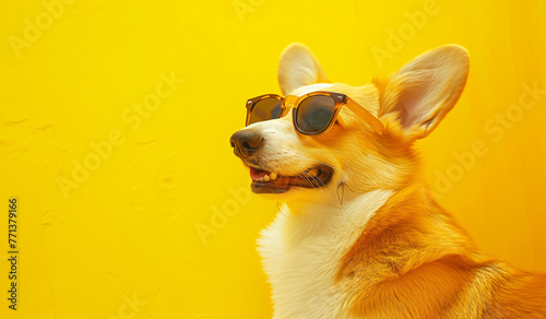 yellow corgi wearing sunglasses while looking at yellow b3e8ef0f-ef06-4b8c-8c2d-98caf6949b7a