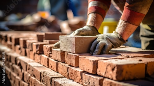 Mason laying bricks to build a wall
