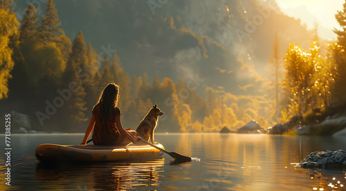 young woman sitting on a paddle board with a dog on t 37858346-8f31-4252-8b60-a41d717ce2a5 0