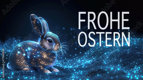 Digital greetings. Futuristic Easter card concept with german text Happy Easter. Cute cyber Easter bunny