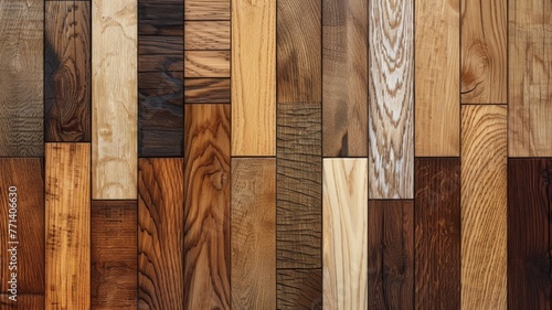 Assorted wooden floor samples arranged neatly - Various types of wooden flooring samples showcasing different textures and colors