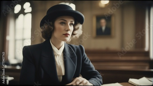 Generative AI. Court of Justice Female Public Defender Presenting Case, Making Passionate Speech to Judge. Protecting Client's Innocents with Supporting Argument. Old London bowlers hat.