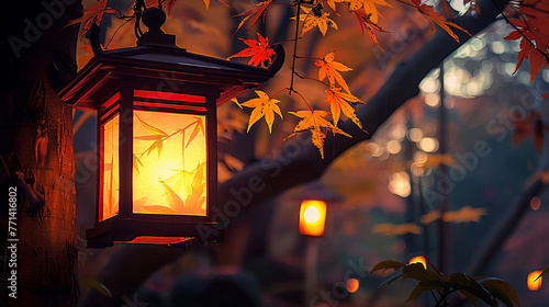 Autumn night illuminated lantern tree yellow leaf, AI Generative.