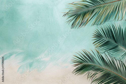 tropical beach scene with palm leaves on turquoise and 4e480a3e-b138-4b81-b8df-e655e101214d