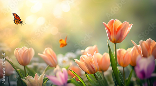 tulip flowers with bright sun and orange butterfly floa ed2883db-b54c-47d9-845c-6664e0fc527d