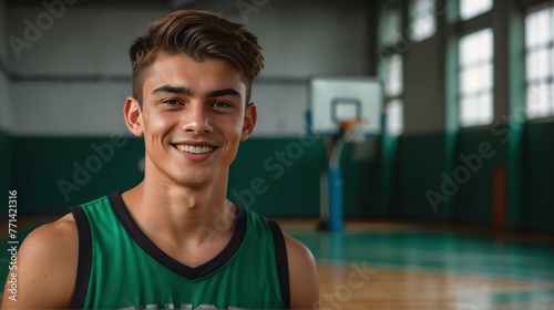 Young handsome male senior high athlete on green jersey uniform portrait image on basketball court gym background smiling looking at camera from Generative AI
