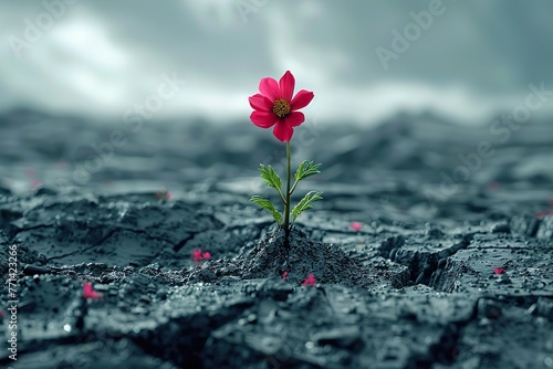 lone flower in a barren cracked wasteland 