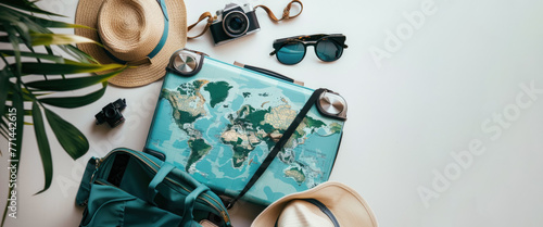 Elegant travel layout with world map suitcase, tropical plant, camera, and stylish sunglasses, invoking a sense of wanderlust and global travel