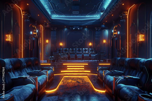 Create an AI-rendered scene of an empty cinema hall with a sophisticated ambiance, featuring tasteful decor, soft lighting, and comfortable seating arrangements that combine to create a tranquil retre