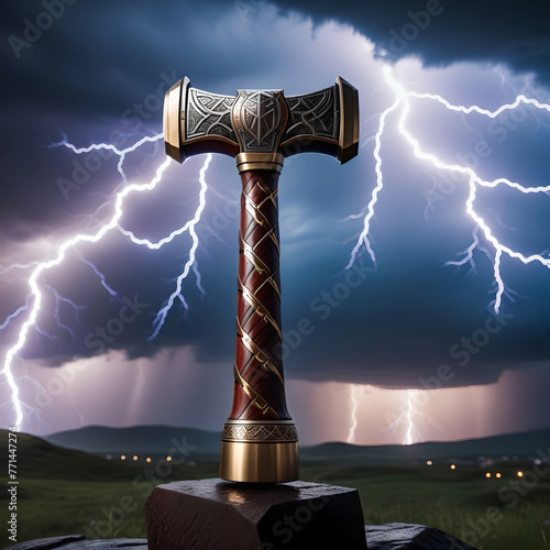 Mjolnir - hammer of the Norse god Thor against a background of a stormy sky with many lightning bolts.