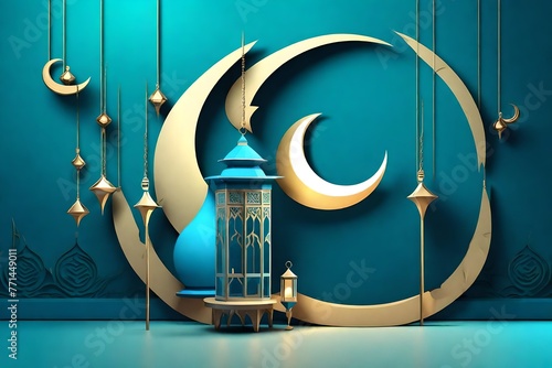 3D contemporary Islamic holiday banner, appropriate for Raya Hari, Eid al Adha, Mawlid, and Ramadan. a calm blue background with a lit lantern and a crescent moon decoration. 