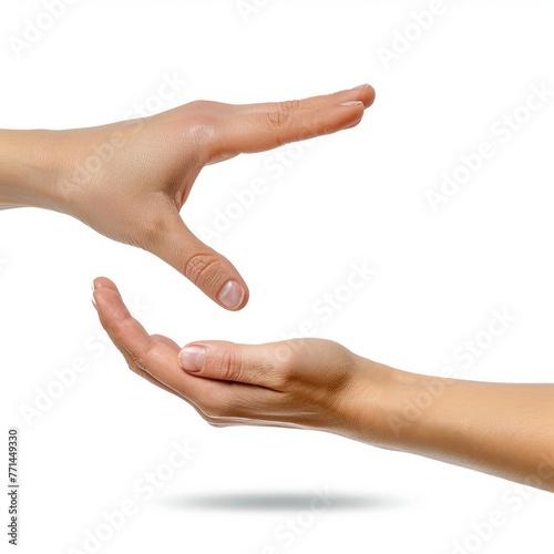 Woman hand is gesturing and measuring invisible item isolated on white background, with clipping path. Full Depth of field. PNG, Generative AI 