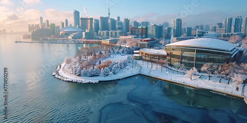 Birds eye view of Toronto Convention Center and Harbourfront in winter. generative ai 
