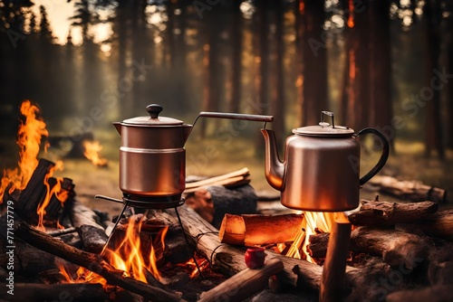 Vintage coffee pot on camping fire. Wonderful evening atmospheric background of campfire.