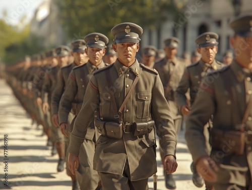 A group of soldiers march down a street in uniform. The soldiers are all wearing the same type of uniform and are lined up in a row. Scene is serious and disciplined