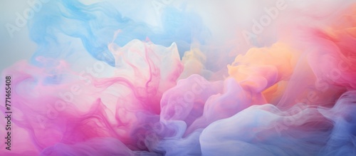 A closeup image of a cumulus cloud of colorful smoke in shades of pink, violet, magenta, and electric blue floating on a white background, capturing a mesmerizing meteorological phenomenon event