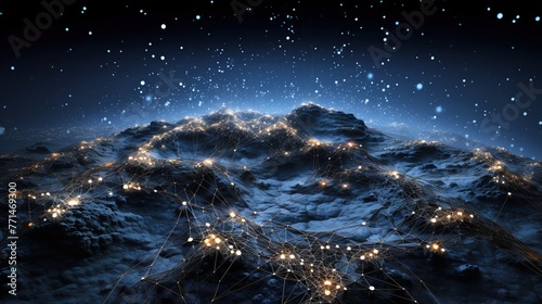 The visualization of a network over mountainous peaks lit by star-like points suggests themes of natural and digital integration, ideal for concepts on ecology